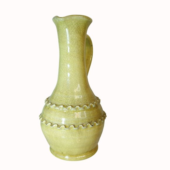Vintage Raku Crackle Glaze Yellow Pitcher Vase Ruffle Border Studio Earthenware - Picture 2 of 8